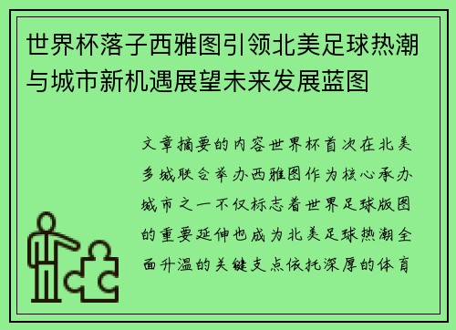 世界杯落子西雅图引领北美足球热潮与城市新机遇展望未来发展蓝图